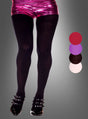 Eine Person trägt glänzende rosa Shorts, schwarze Schuhe und ein Paar blickdichte XXL-Strumpfhosen – perfekt, um diese blickdichten Strumpfhosen besonders zur Geltung zu bringen. Auf der rechten Seite sind vor einem grauen Hintergrund mit Farbverlauf drei Farbmuster zu sehen: Rot, Lila und Hellrosa.