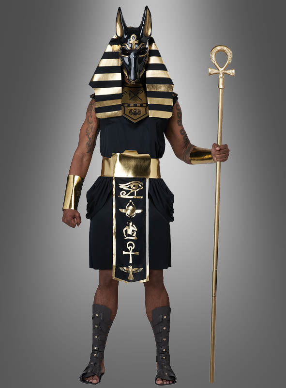 Eine Person trägt das „Ägyptischer Gott Anubis Deluxe“-Kostüm, bestehend aus einer auffälligen schwarz-goldenen Anubis-Maske, einem Kopfschmuck, einem Stab, goldenen Armreifen und Sandalen, und steht vor einem grauen Hintergrund als Gott der Toten.