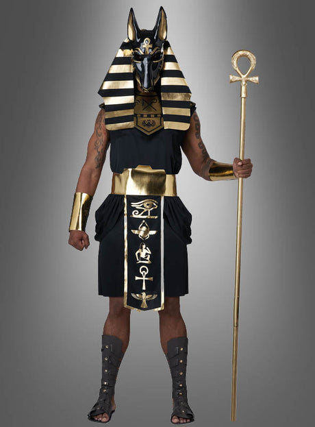 Eine Person trägt das „Ägyptischer Gott Anubis Deluxe“-Kostüm, bestehend aus einer auffälligen schwarz-goldenen Anubis-Maske, einem Kopfschmuck, einem Stab, goldenen Armreifen und Sandalen, und steht vor einem grauen Hintergrund als Gott der Toten.