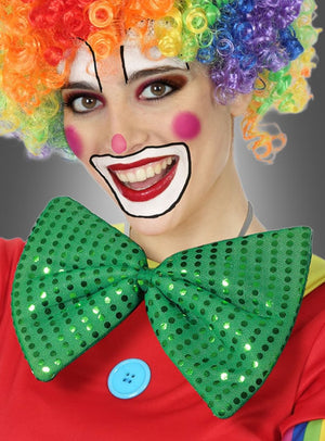 Eine als Clown verkleidete Person mit einer Regenbogenperücke, bunter Gesichtsbemalung und einem roten Kostüm mit blauem Knopf lächelt in die Kamera und trägt dabei die grüne „Riesenfliege“-Karnevalsfliege mit Pailletten.