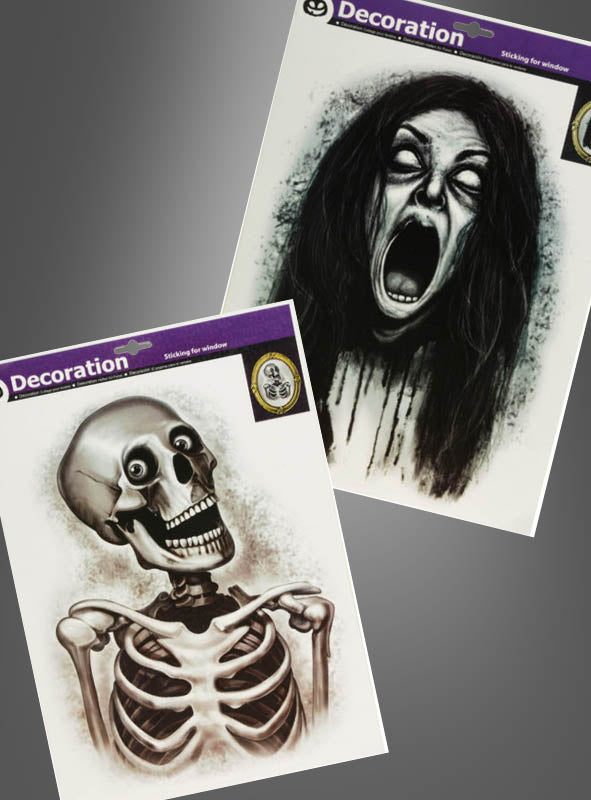 Verleihen Sie Ihren Fenstern mit den Fensterbildern „Skelett oder Geist“ – Halloween-Dekoration, 40 cm – einen gruseligen Touch: zwei Halloween-Fensterdekorationen mit einem Skelett mit großen Augen und einem schreienden Geist mit hohlen Augen und langen, dunklen Haaren.