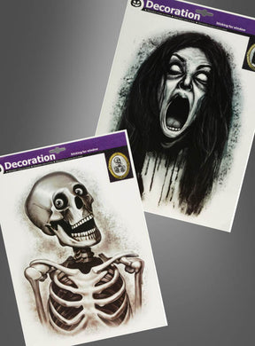 Verleihen Sie Ihren Fenstern mit den Fensterbildern „Skelett oder Geist“ – Halloween-Dekoration, 40 cm – einen gruseligen Touch: zwei Halloween-Fensterdekorationen mit einem Skelett mit großen Augen und einem schreienden Geist mit hohlen Augen und langen, dunklen Haaren.