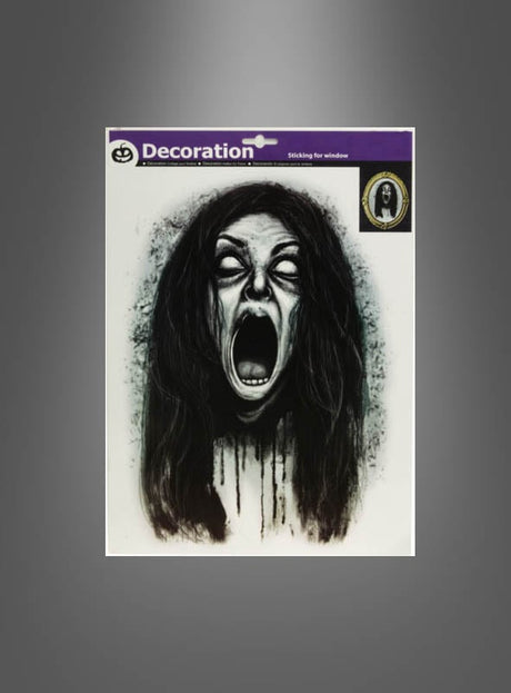 Verleihen Sie Ihrem Raum mit dem „Fensterbilder Skelett oder Geist Halloweendeko 40 cm“ einen gespenstischen Touch – eine auffällige Fensterdekoration mit einer schwarz-weißen Illustration einer schreienden, langhaarigen Geisterfrau mit weit aufgerissenem Mund und nach hinten gerollten Augen. Diese Halloween-Dekoration eignet sich perfekt, um als dramatisches Fensterbild eine unheimliche Atmosphäre zu schaffen.
