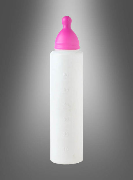 Eine durchsichtige „Riesige Babyflasche“ (32 cm) mit Maßmarkierungen und einem rosa Gummisauger vor einem grauen Hintergrund mit Farbverlauf – ideal als Accessoire für ein Babykostüm für Erwachsene oder als verspieltes Accessoire für einen Junggesellenabschied.