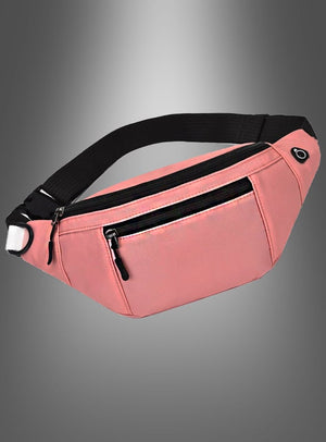 Hier ist eine mögliche Umschreibung unter Berücksichtigung der Produktdaten: Die „Praktische Gürteltasche in verschiedenen Farben“ besteht aus pinkfarbenem Stoff und verfügt über einen schwarzen, verstellbaren Gurt, zwei Reißverschlussfächer sowie eine kleine runde Öse an der Seite. Sie wird vor einem grauen Farbverlaufshintergrund präsentiert.
