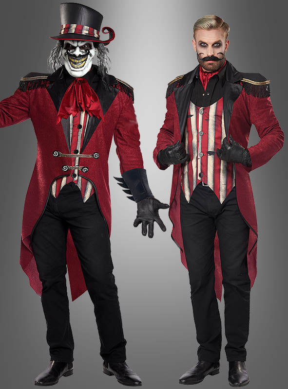 Zwei Männer in auffälligen „Wandelbares Zirkusdirektor-Kostüm für Herren“-Outfits stehen vor einem grauen Hintergrund; der eine trägt Clown-Make-up, einen Zylinder, eine Maske und Handschuhe, während der andere einen gepflegt gestutzten Bart und nach hinten gegeltes Haar hat und keine Maske trägt. Ihre dramatischen Zirkusdirektor-Outfits sind in dieser Saison eine originelle Wahl für Herren-Halloweenkostüme.