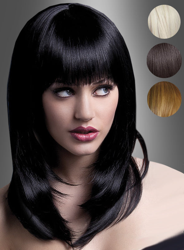 Eine Frau mit glattem, glänzendem schwarzem Haar und Pony blickt zur Seite und präsentiert dabei eine stilvolle „Tanja Deluxe Langhaarperücke“; neben ihr sind drei Farbmuster – Platinblond, Braun und Blond – zu sehen. Diese waschbare und hitzebeständige Perücke bietet vielseitige Stylingmöglichkeiten für jeden Look.