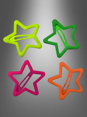 Vier „80er Neon Haarspangen Stern“ – sternförmige Haarspangen – stechen in leuchtenden Gelb-, Grün-, Rosa- und Orangetönen hervor und strahlen vor einem grauen Hintergrund mit Farbverlauf verspieltes Retro-Flair aus.