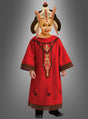 Ein Kind im „Star Wars“-Kostüm „Königin Amidala“ für Kleinkinder, bestehend aus einem roten Gewand mit goldenen Verzierungen und einem aufwendig gestalteten Kopfschmuck, steht vor einem grauen Hintergrund mit Farbverlauf. Dieses Outfit ist ideal für kleine Fans, die gerne die Königin von Naboo sein möchten, und eignet sich perfekt für „Star Wars“-Kleinkinder.