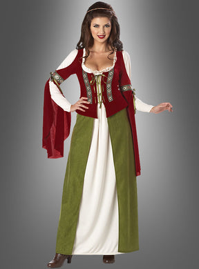 Vor einem grauen Hintergrund steht eine Frau, die das Mittelalterkleid „Edeldame Adelheid“ trägt, das aus einem roten Oberteil, weißen Ärmeln und einem langen grün-weißen Rock besteht.
