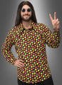 Eine Person, die ein farbenfrohes Deluxe-Blumenhemd im Hippie-Stil für Herren trägt, mit langen dunklen Haaren und einer runden Sonnenbrille, formt mit einer Hand ein Peace-Zeichen vor einem schlichten Hintergrund mit Farbverlauf.