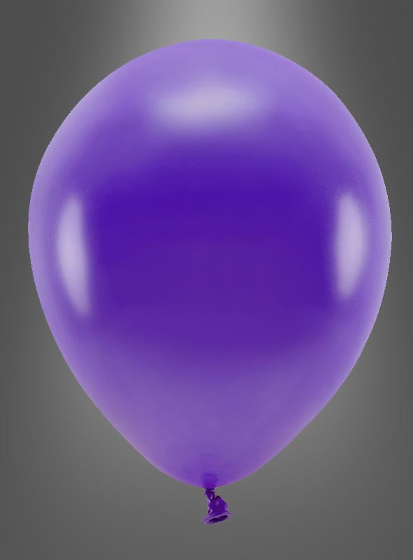 Ein einzelner aufgeblasener lila Luftballon mit einem zusammengebundenen Ende, gefertigt aus „Öko Luftballons Partydeko glanzoptik“, schwebt vor einem schlichten grauen Hintergrund – und verleiht Ihrer Partydekoration eine stilvolle und umweltfreundliche Note.