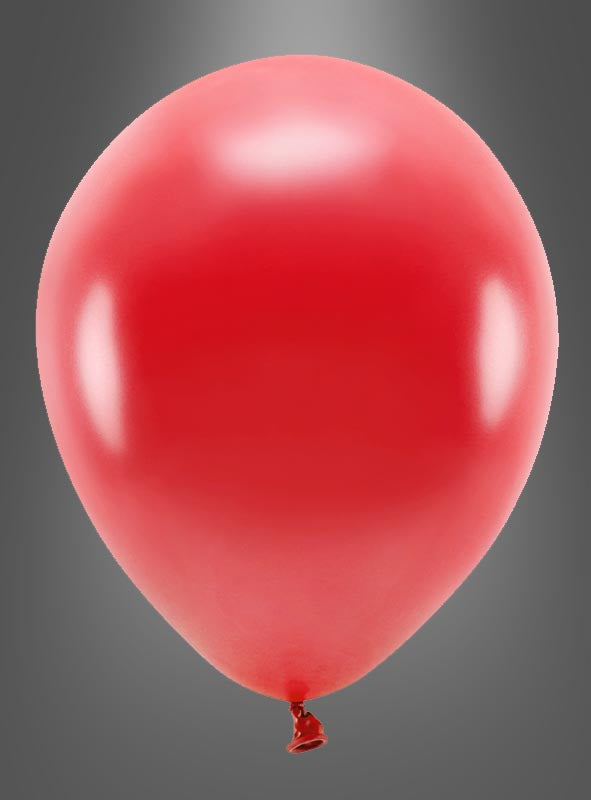 Ein einzelner roter Ballon der Marke „Öko Luftballons Partydeko glanzoptik“, biologisch abbaubar, schwebt aufrecht vor einem einfarbigen grauen Hintergrund mit Farbverlauf – und ist damit die ideale Wahl für umweltfreundliche Partydekoration.