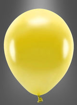 Ein einzelner aufgeblasener gelber Luftballon aus der Kollektion „Öko Luftballons Partydeko Glanzoptik“ wird vor einem schlichten grauen Hintergrund mit Farbverlauf präsentiert und eignet sich somit ideal für nachhaltige Partydekorationen.