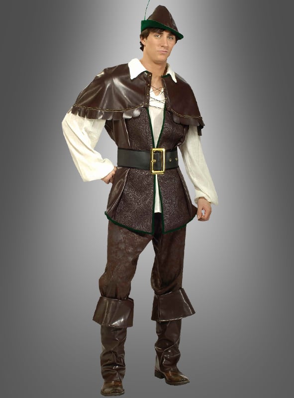 Eine Person trägt das Designer-Robin-Hood-Kostüm Deluxe: ein klassischer Look mit grünem Hut, brauner Weste, Gürtel, weißem Hemd, brauner Hose und Stiefeln – das perfekte Mittelalterkostüm für Fans von Karnevalskostümen. Die Figur steht vor einem grauen Hintergrund mit Farbverlauf.