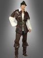 Eine Person trägt das Designer-Robin-Hood-Kostüm Deluxe: ein klassischer Look mit grünem Hut, brauner Weste, Gürtel, weißem Hemd, brauner Hose und Stiefeln – das perfekte Mittelalterkostüm für Fans von Karnevalskostümen. Die Figur steht vor einem grauen Hintergrund mit Farbverlauf.