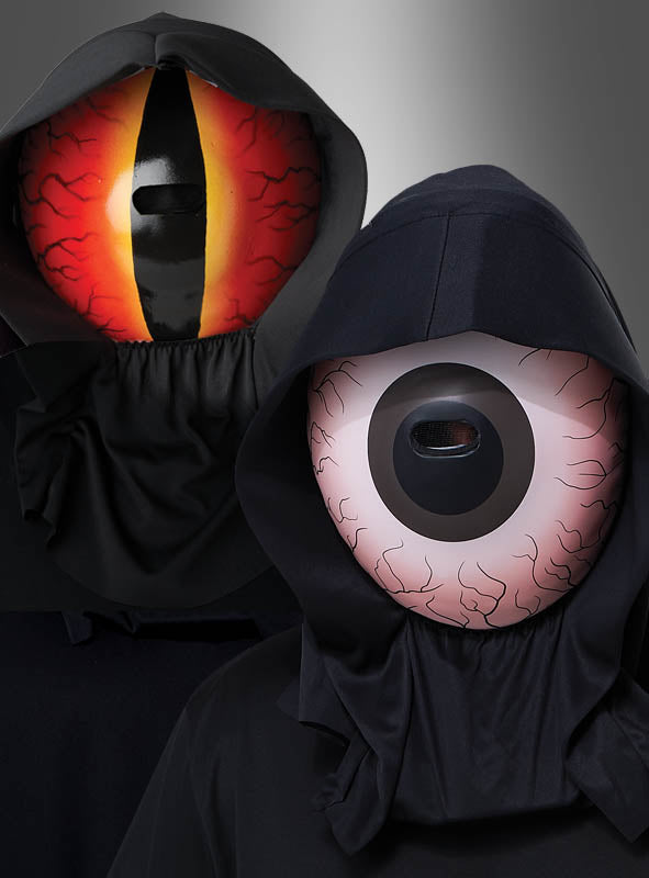 Zwei Personen in schwarzen Kapuzenmänteln tragen „Böses Auge“-Kostüme für Erwachsene mit LED-Masken, die übergroßen, blutunterlaufenen Augäpfeln ähneln – eine mit einer katzenartigen Iris, die andere mit einer runden Iris –, vor einem grauen Hintergrund mit Farbverlauf. So entsteht eine unheimliche und unvergessliche Kostümwahl, die sich perfekt für jede Halloween-Party eignet.