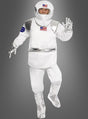 Eine Person, die das „Raumfahrer Astronauten Komplettkostüm“ in Weiß trägt – mit einem Aufnäher in Form der amerikanischen Flagge sowie silbernen Handschuhen, Stiefeln und Akzenten –, posiert vor einem grauen Hintergrund – eine ideale Science-Fiction-Verkleidung für Weltraumfans.