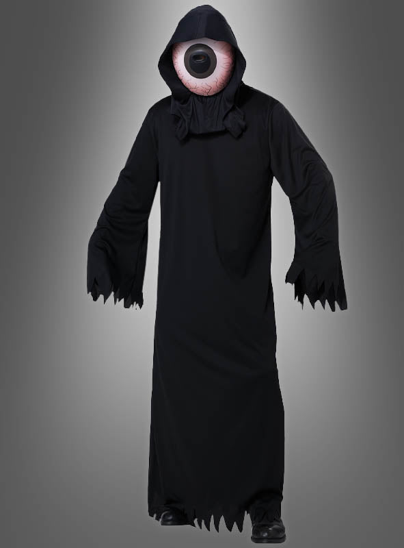 Eine Person, die das „Böses Auge“-Kostüm für Erwachsene mit LED trägt – eine lange schwarze Kapuzenrobe mit zerrissenen Ärmeln und einer großen Augapfelmaske –, perfekt für Halloween oder als „Großes Auge“-Kostüm, vor einem grauen Hintergrund mit Farbverlauf.