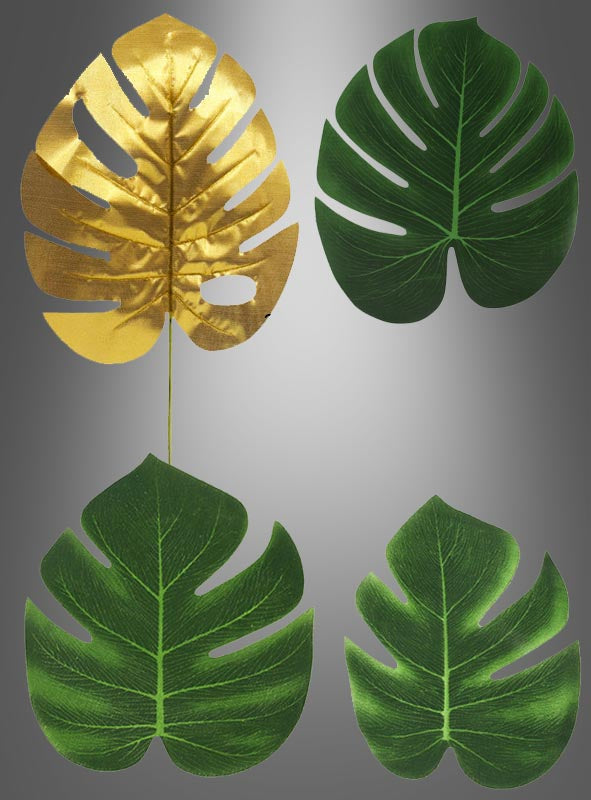 Vier Monstera-Blätter aus dem Set „Palmenblätter Tischdeko Hawaii Party 15–44 cm“ sind auf grauem Hintergrund abgebildet; drei davon sind grün und eines ist metallisch-golden und befindet sich in der oberen linken Ecke. Diese künstlichen Palmenblätter sind eine elegante Wahl für die Dekoration einer Dschungelparty oder als stilvolle Tischdekoration und verleihen jedem Ambiente einen modernen, tropischen Akzent.
