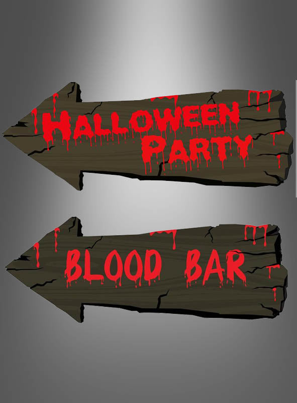 Zwei hölzerne Wegweiser-Schilder zum Thema Halloween sorgen mit rotem, herabtropfendem Text für einen gruseligen Effekt. Auf dem oberen Schild steht „Halloween-Party“, das untere weist in Richtung „Blood Bar“ – beide Partyschilder zeigen nach links vor einem grauen Hintergrund mit Farbverlauf und sind eine auffällige Halloween-Dekoration, die Ihre gruselige Feier bereichert.
