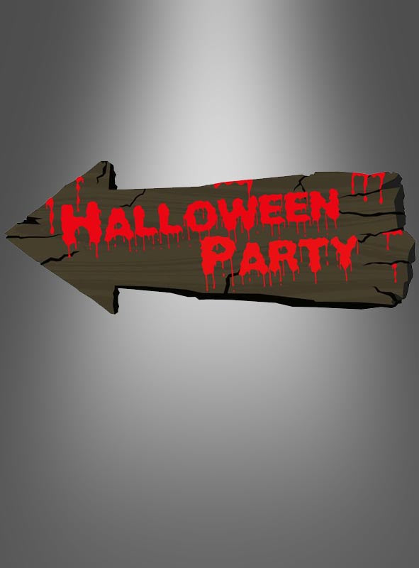 Holzschild in Form eines Pfeils nach links mit der Aufschrift „Halloween Party“ in roten, herabtropfenden Buchstaben vor einem Hintergrund mit Farbverlauf – perfekt als gruseliges Wegweiser-Halloween-Schild für Ihre Halloween-Dekoration oder als auffälliges Partyschild.