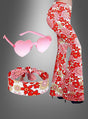 Flower-Power-Schlaghosen-Set: Dieses Set umfasst eine Schlaghose mit Blumenmuster, ein passendes Haarband und eine pinkfarbene Sonnenbrille in Herzform – perfekt als Flower-Power-Kostüm, das den lebendigen Geist der 70er Jahre verkörpert. Alle Teile werden vor einem grauen Hintergrund mit Farbverlauf präsentiert.