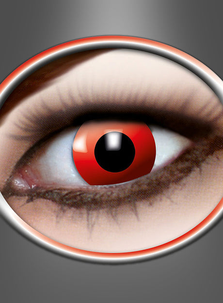 Eine Nahaufnahme eines menschlichen Auges mit roter Iris und schwarzer Pupille, umrahmt von einem metallischen ovalen Rahmen auf grauem Hintergrund, spiegelt die dramatische Wirkung der 1 Stk. Jahreslinse „Red Devil“ mit Sehstärke – perfekt für alle, die nach auffälligen Halloween-Kontaktlinsen oder ausgefallenen Kontaktlinsen mit Sehstärke suchen.