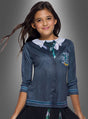 Ein Mädchen mit langen braunen Haaren trägt das „Slytherin-Shirt Harry Potter für Kinder“, einen Pullover im Slytherin-Design mit aufgedruckter Krawatte und weißem Kragen, und steht vor einem grauen Hintergrund.