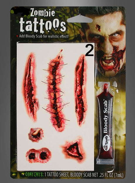 „Blutige Narben“-Tattoo-Wunden-Set mit realistischen Wund-Tattoos, Halloween-Narben-Tattoos, Kunstblut-Gel für blutige Effekte und einem Zombie-Gesicht auf der Verpackung.