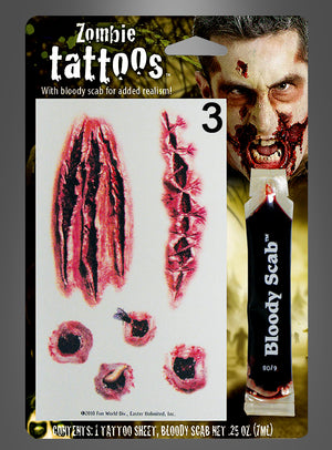Das „Blutige Narben & Wunden“-Tattoo-Set enthält realistische Wund-Tattoos, eine Tube „Künstliches Blut“-Krusten-Gel und ein Bild einer Person mit Zombie-Make-up im Hintergrund – perfekt, um authentische Halloween-Narben- und Wunden-Tattoo-Effekte zu erzielen.