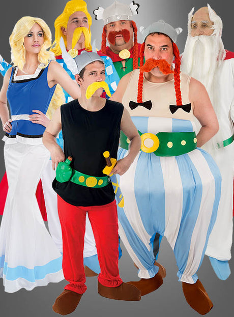 Sechs Personen in farbenfrohen Kostümen, die von Figuren aus einer Comic-Reihe inspiriert sind – darunter ein „Deluxe-Falbala-Kostüm“ aus „Asterix“ und ein leuchtend buntes „Gallierin-Kostüm“ –, stehen mit übertriebenen Schnurrbärten, Perücken und Accessoires gemeinsam vor einem schlichten Hintergrund.