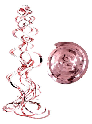 Die „Lametta Swirls“ in tollen Farben mit roségoldfarbenem Metallic-Finish sind hier in wellenförmiger Anordnung abgebildet, daneben ist auf weißem Hintergrund eine gewundene Variante zu sehen. Diese schimmernden Swirls eignen sich perfekt als Partydekoration und verleihen jedem Anlass eine elegante, festliche Note.