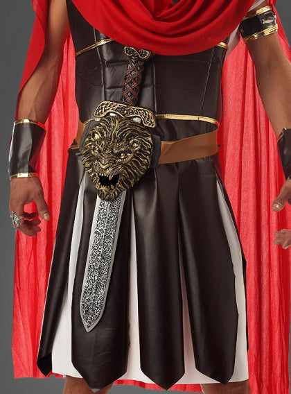 Eine Person in einem römischen Gladiatorenkostüm mit einem roten Umhang, goldenen Armbändern und einem Schwert in einer Gürtelscheide mit Löwenkopf.