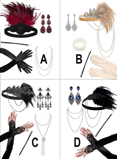 Vier Flapper-Kostümsets aus den 1920er Jahren mit den Bezeichnungen A, B, C und D, enthalten das „1920er-Accessoire-Set mit silbernem Schmuck“. Jedes Set umfasst klassische Stirnbänder, Handschuhe, Schmuck in Silbertönen und elegante Accessoires mit verschiedenen Federmotiven – perfekt, um Ihren Look mit authentischem Kopfschmuck der 20er Jahre und Charleston-Zubehör abzurunden. Alle Sets sind übersichtlich in einem Raster angeordnet.