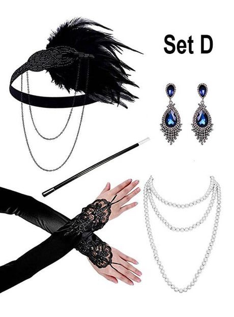 Set D: Das 1920er-Jahre-Accessoire-Set mit silbernem Schmuck umfasst einen mit Federn verzierten Kopfschmuck im Stil der 20er Jahre, blaue Ohrringe, schwarze Spitzenhandschuhe, eine Perlenkette und einen schwarz-weißen Zigarettenhalter – präsentiert auf weißem Hintergrund.