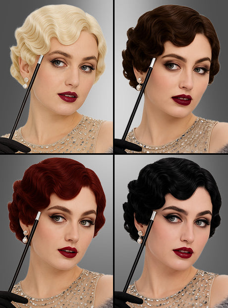Auf vier Bildern ist dieselbe Frau zu sehen, die die „20er Wasserwelle Premium Perücke Barbara“ in den Farben Blond, Braun, Rot und Schwarz trägt. Ihr Haar ist im Vintage-Stil mit Fingerwellen gestylt, die an den Glamour der 20er-Jahre-Perücken erinnern. Dazu trägt sie Perlenohrringe und roten Lippenstift und hält einen Make-up-Pinsel an ihr Gesicht.
