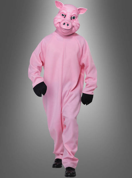 Eine Person trägt das „Rosa Schwein“-Kostüm für Damen und Herren mit einer Schweinemaske, schwarzen Handschuhen und schwarzen Schuhen, während sie vor einem grauen Hintergrund auf die Kamera zugeht. Dieses Unisex-Tierkostüm ist perfekt für Erwachsene, die ein verspieltes Statement setzen möchten.