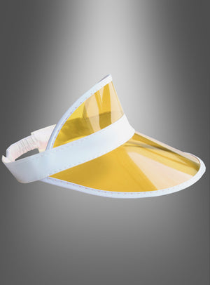 Die „80er Schirmmütze Sonnenvisier“, ein durchscheinendes gelbes Sonnenvisier mit weißem Band und weißer Einfassung, wird vor einem grauen Hintergrund mit Farbverlauf gezeigt.