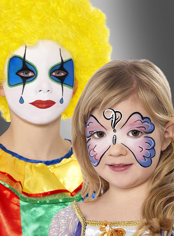 Zwei Kinder in Kostümen: eines mit einer gelben Clownperücke und buntem Make-up, das mit der „Schminke Farbpalette Fasching für Kinder und Erwachsene“ aufgetragen wurde – perfekt zum Kinderschminken –, und das andere mit Schmetterlings-Gesichtsbemalung und langen blonden Haaren, das vor einem grauen Hintergrund mit Farbverlauf steht – beide bereit für Fasching-Spaß mit leuchtenden Farben aus der Schminke Farbpalette „Fasching für Kinder und Erwachsene“.