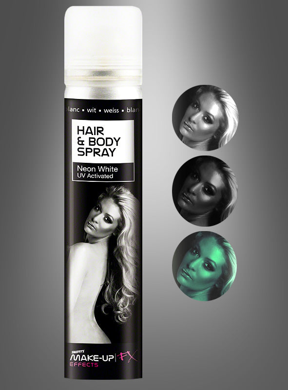 Auf dem Bild ist eine Dose „Haar- und Körperspray“ mit der Aufschrift „Neon White UV Activated“ neben drei Beispielfotos zu sehen, wobei eines der Bilder zeigt, wie das Spray unter UV-Licht grün leuchtet – ideal, um einen auffälligen Party-Look zu kreieren. Mit diesem vielseitigen Spray fallen Sie in jeder Partyatmosphäre auf.