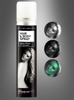 Auf dem Bild ist eine Dose „Haar- und Körperspray“ mit der Aufschrift „Neon White UV Activated“ neben drei Beispielfotos zu sehen, wobei eines der Bilder zeigt, wie das Spray unter UV-Licht grün leuchtet – ideal, um einen auffälligen Party-Look zu kreieren. Mit diesem vielseitigen Spray fallen Sie in jeder Partyatmosphäre auf.