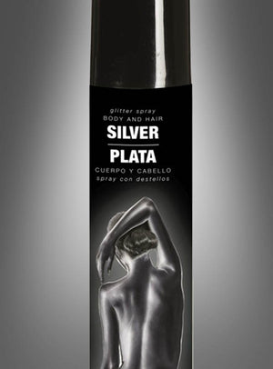 Eine schwarze Flasche mit der Aufschrift „Haar- und Körperspray Glitzerspray für Körper und Haare“, auf der eine Person mit silbernem Haar zu sehen ist, die mit dem Rücken zur Kamera steht – perfekt sowohl als Haarspray als auch als Körperspray, um Ihren umwerfenden Party-Look zu vervollständigen.