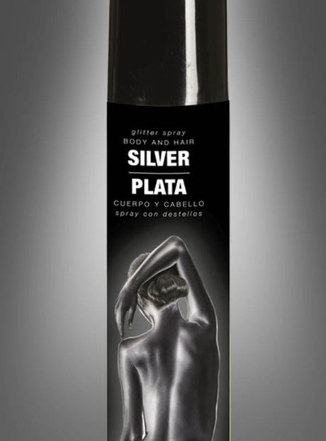 Eine schwarze Flasche mit der Aufschrift „Haar- und Körperspray Glitzerspray für Körper und Haare“, auf der eine Person mit silbernem Haar zu sehen ist, die mit dem Rücken zur Kamera steht – perfekt sowohl als Haarspray als auch als Körperspray, um Ihren umwerfenden Party-Look zu vervollständigen.