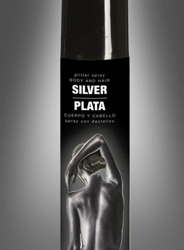 Eine schwarze Flasche mit der Aufschrift „Haar- und Körperspray Glitzerspray für Körper und Haare“, auf der eine Person mit silbernem Haar zu sehen ist, die mit dem Rücken zur Kamera steht – perfekt sowohl als Haarspray als auch als Körperspray, um Ihren umwerfenden Party-Look zu vervollständigen.