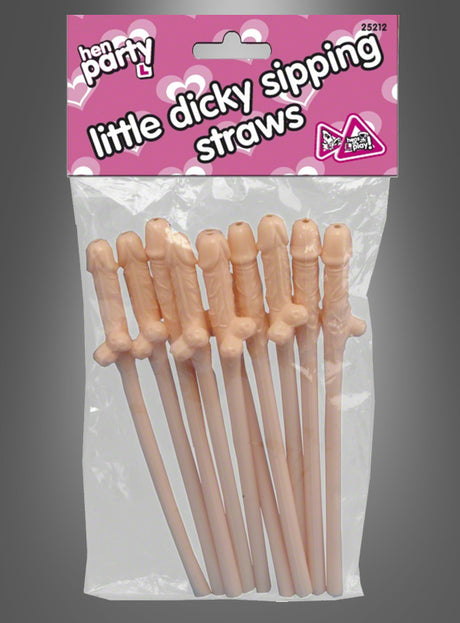 Eine Packung „Penis-Trinkhalme“ (10 Stück) – ausgefallene Plastikstrohhalme in Penisform –, die durch die durchsichtige Verpackung sichtbar sind und sich perfekt als lustiges Accessoire für jeden Junggesellinnenabschied eignen.