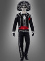Eine Person trägt das „Tag der Toten“-Bräutigam-Kostüm, bestehend aus einem schwarzen Outfit im Mariachi-Stil mit weißer Stickerei, einem großen Hut, einem bemalten Skelettgesicht, eine rote Schärpe und schwarze Handschuhe. Sie steht vor einem schlichten grauen Hintergrund – eine ideale Wahl für alle, die auf der Suche nach einem authentischen „Dia de los Muertos“-Kostüm für Herren oder einer „Tag der Toten“-Verkleidung sind.