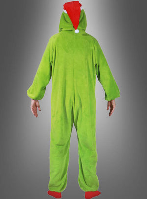 Eine Person, die den „Grinch“-Kigurumi-Overall trägt – ein grünes Einteiler-Kostüm mit Kapuze und einer roten Mütze im Weihnachtsmann-Stil –, wird von hinten vor einem grauen Hintergrund fotografiert. Dieser kuschelige Overall ist das perfekte Weihnachtskostüm für festliche Anlässe.