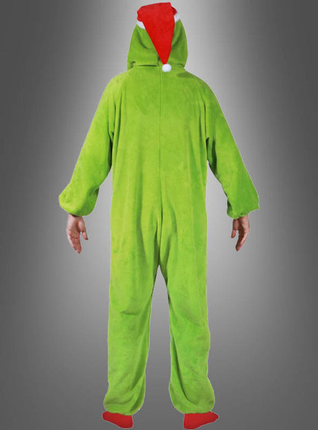 Eine Person, die den „Grinch“-Kigurumi-Overall trägt – ein grünes Einteiler-Kostüm mit Kapuze und einer roten Mütze im Weihnachtsmann-Stil –, wird von hinten vor einem grauen Hintergrund fotografiert. Dieser kuschelige Overall ist das perfekte Weihnachtskostüm für festliche Anlässe.