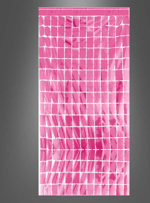 Eine rechteckige, durchscheinende, rosafarbene Party-Deko-Vorhang-Hintergrundfolie (100 x 200 cm) mit einem Raster aus weißen Linien ist vor einem grauen Hintergrund mit Farbverlauf abgebildet, der an festliche Dekoration erinnert und einen dezenten metallischen Schimmer aufweist.